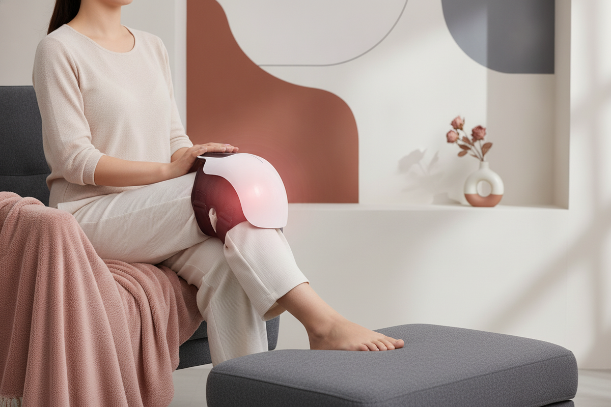 A person using the NNETM Heated Knee Massager on their knee, showcasing its design and comfort. The setting is modern and min