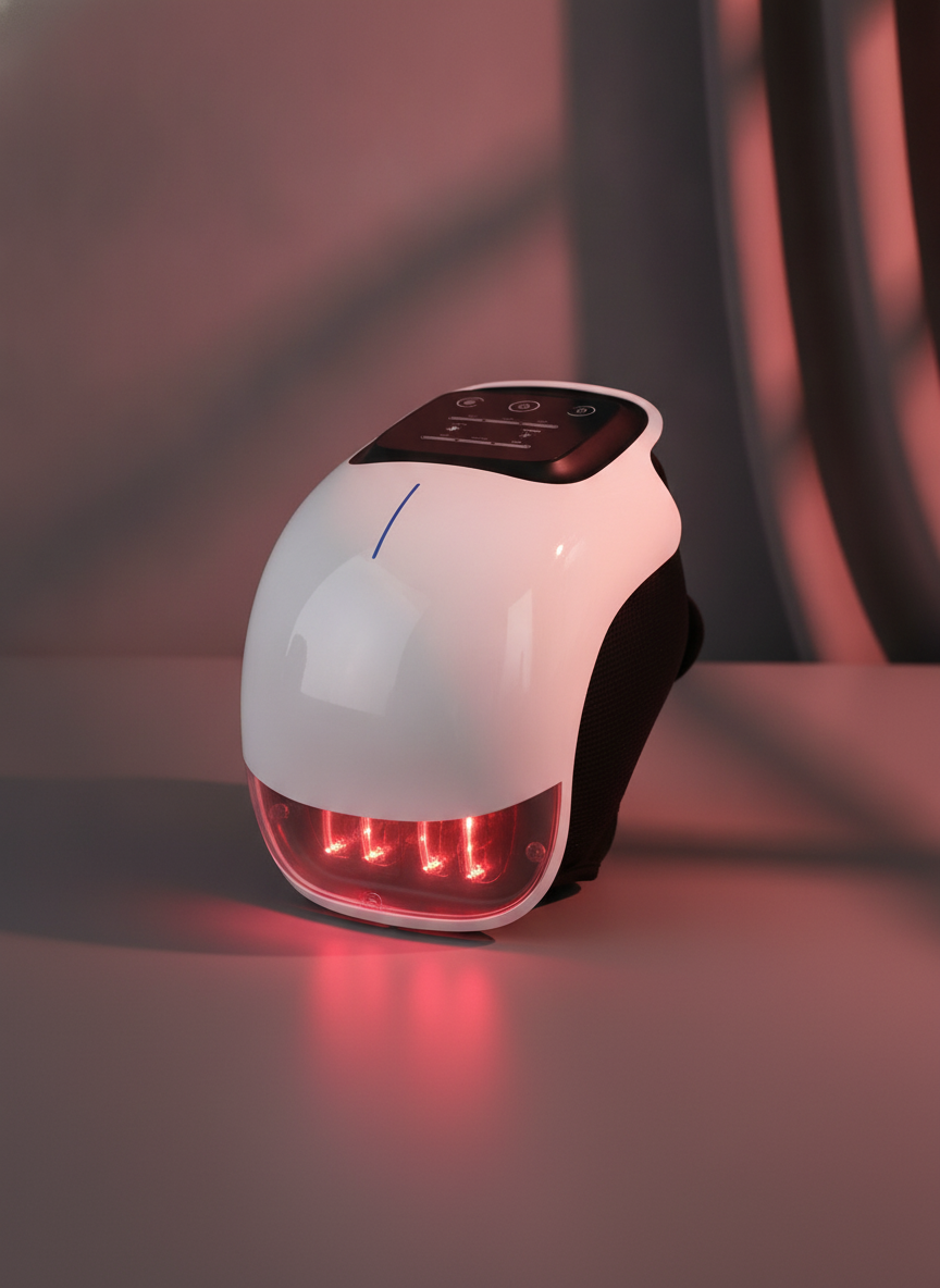 Close-up of the NNETM Heated Knee Massager, showcasing its sleek design and infrared light panels on a minimalist surface.